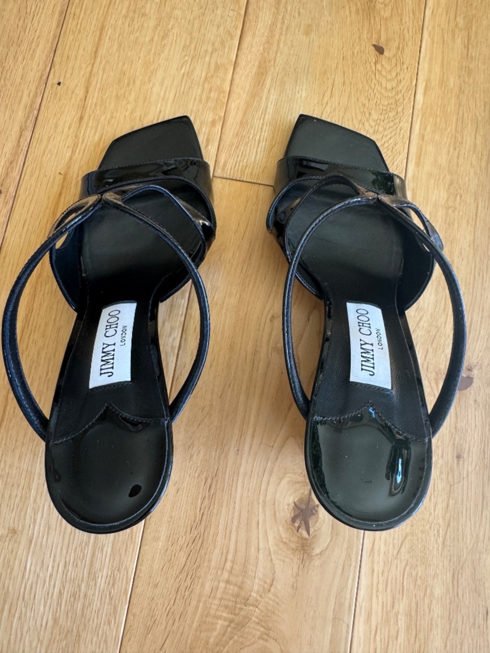 Jimmy Choo Anise 85 Black Patent Leather Wedge Sandals 7 - Picture 2 of 5